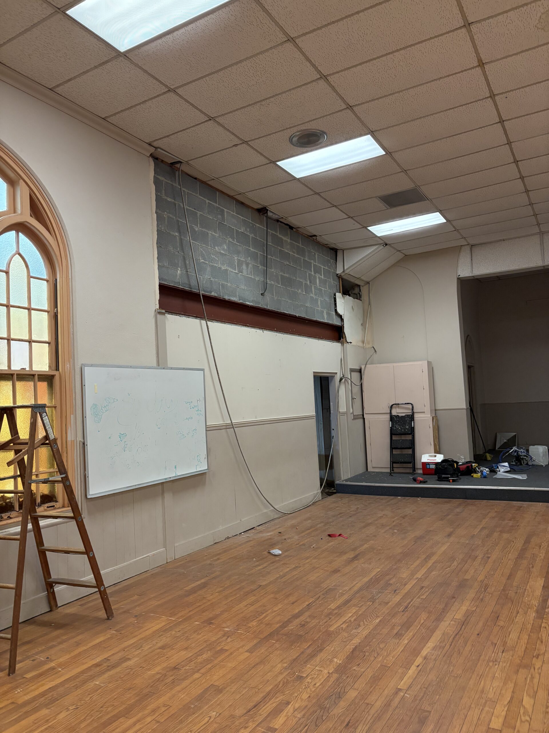 upper ceiling tiles removed from the soffet